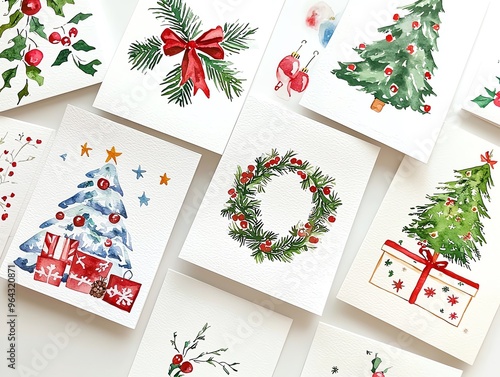 Set of 10 watercolor Christmas cards featuring trees, wreaths, and ornaments.