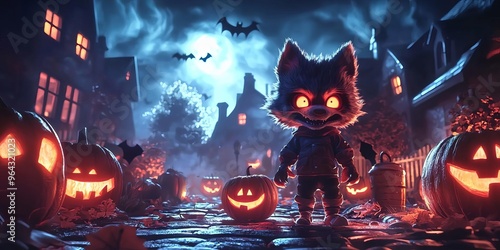 A spooky night scene featuring a masked character amidst glowing pumpkins and eerie bats, perfect for Halloween-themed projects. photo