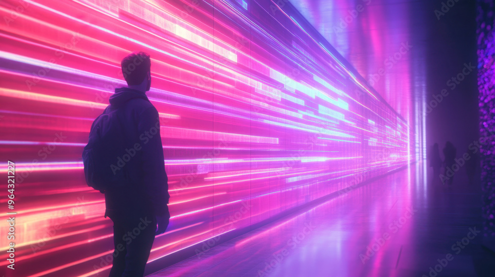 Man standing next to a futuristic neon light tunnel with vibrant, glowing colors, creating a mesmerizing visual experience in a digital world. Man standing next to a futuristic neon light tunnel with vibrant, glowing colors, creating a mesmerizing visual experience in a digital world.