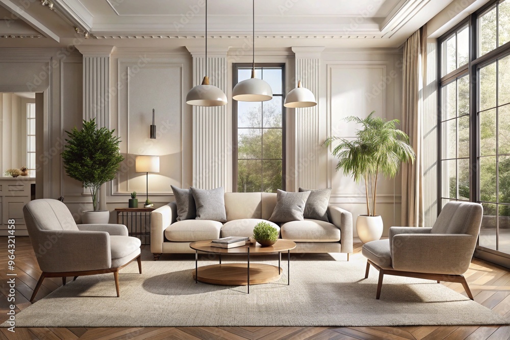 Fototapeta premium Boucle lounge chairs and sofa in classic room. Minimalist interior design of modern living room