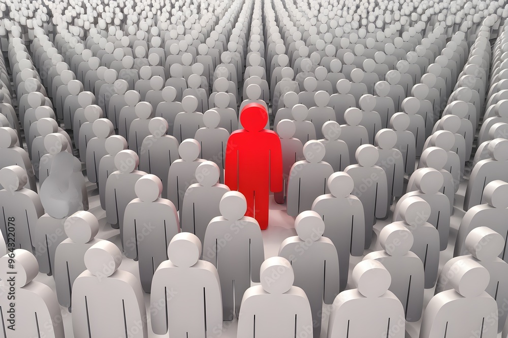 Fototapeta premium Crowd of gray figures with a vibrant red figure in the center