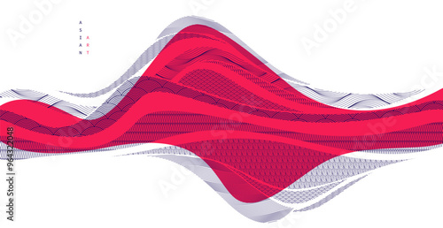Oriental Japanese style vector abstract illustration in red color, background in Asian traditional style, wavy shapes and mountains terrain, runny like sea lines.