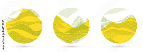 Abstract oriental Japanese art vector backgrounds set in yellow color in shape of circle, traditional style design, wavy shapes and mountains terrain landscape, runny like sea lines.