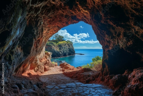 Breathtaking Cave View Overlooking the Serene Ocean and Stunning Island Formations