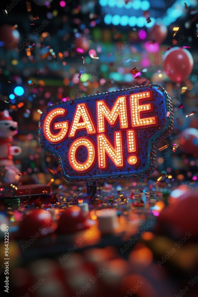 Vibrant Game On Sign: A Celebration of Fun and Entertainment in a Colorful Party Atmosphere Vibrant Game On Sign: A Celebration of Fun and Entertainment in a Colorful Party Atmosphere