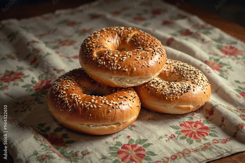 three bagels with sesame seeds on a linen towel with a floral pattern three bagels with sesame seeds on a linen towel with a floral pattern