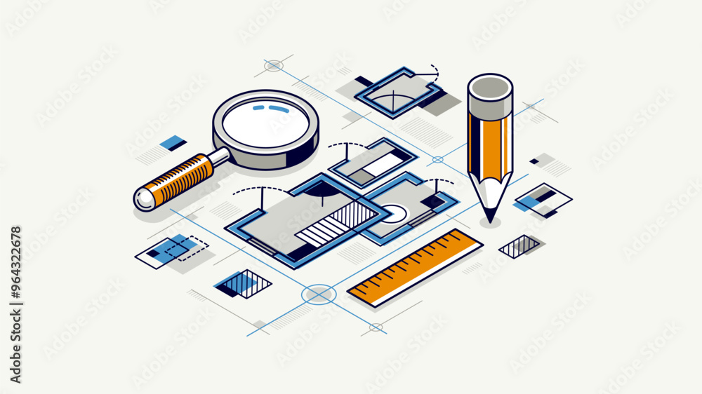 Architectural engineering concept, construction plan in creation progress, blueprint technical plan 3D isometric vector illustration, build cad project. Architectural engineering concept, construction plan in creation progress, blueprint technical plan 3D isometric vector illustration, build cad project.