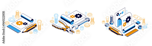 Mechanical engineering project in embodiment implementation concept set, engine draft plan drawing and work progress, paper sheet with gears, tools and pencil 3D isometric vector illustration.
