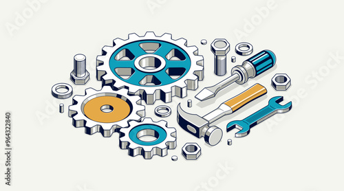 Auto service concept, gears and tools in 3D isometric projection vector illustration, automobile car repair garage workshop, fix the breakage.