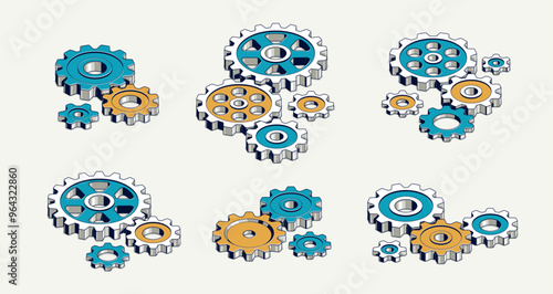 Industry and manufacturing concept set, gears and cogs composition isometric 3D vector illustration, cogwheels system technology and technics machinery engine.