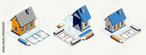 House project concept set, 3D isometric vector illustration of a small house and blueprint building project, construction architectural model, residential family small house.