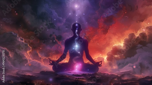 A man in the lotus position is meditating. Opening the chakras.