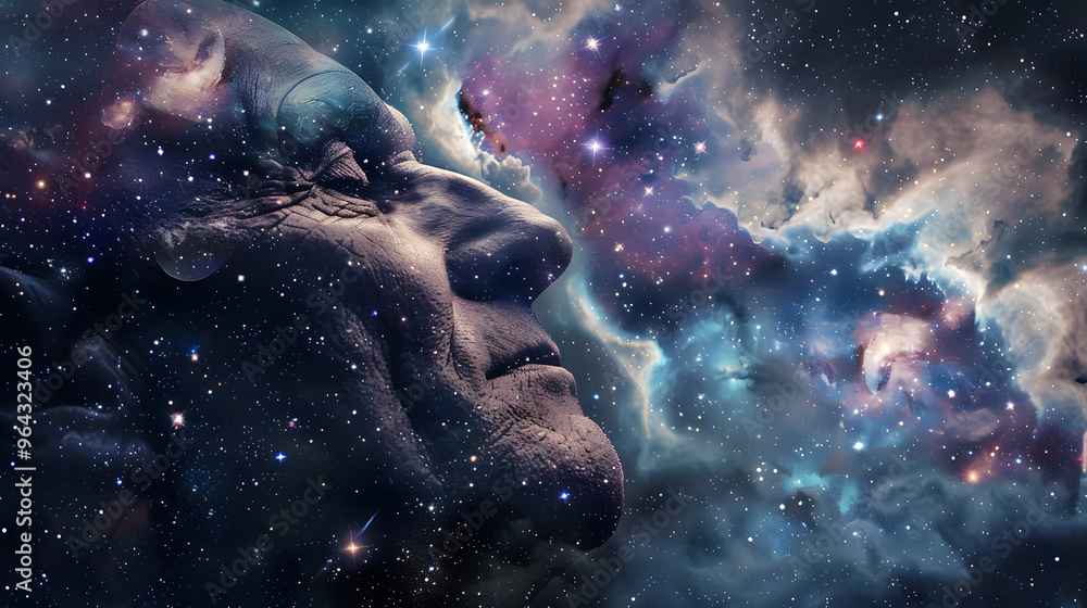 Fototapeta premium Astronomer's visage filled with constellations and observatory dome background