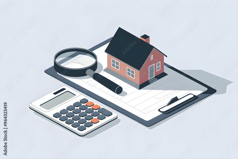 Miniature house model and magnifying glass suggest detailed examination Miniature house model and magnifying glass suggest detailed examination