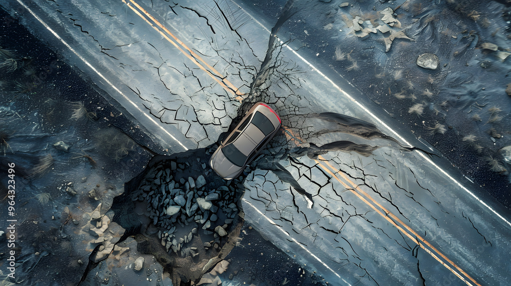 Obraz premium Automobile bouncing through a road crater 