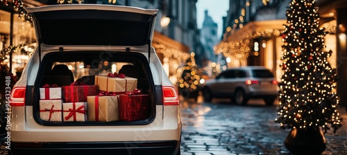 Festive car trunk with gifts on a winter street amidst holiday lights