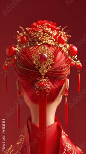 Chinese red hair ornament, woman’s back portrait, red background