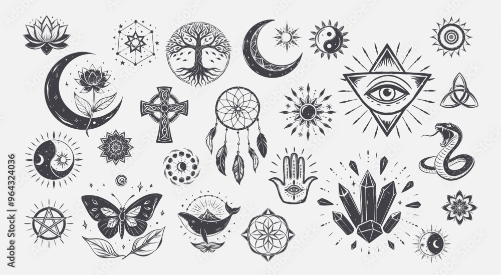 Fototapeta premium magic mysticism symbols collection, lotus flower crescent moon yin-yang symbol tree life