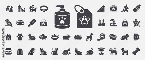 Pets set glyph icons, pet care elements collection