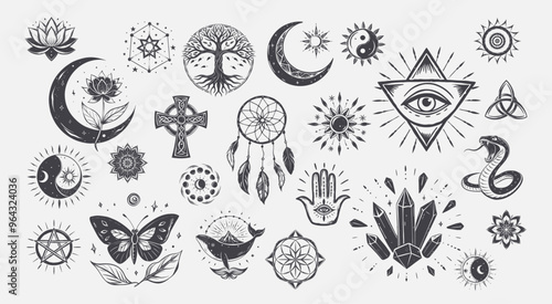 magic mysticism symbols collection, lotus flower crescent moon yin-yang symbol tree life