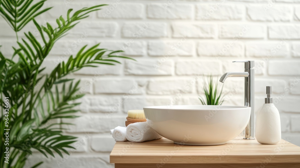 Modern Bathroom Sink with White Brick Wall and Green Plant Modern Bathroom Sink with White Brick Wall and Green Plant