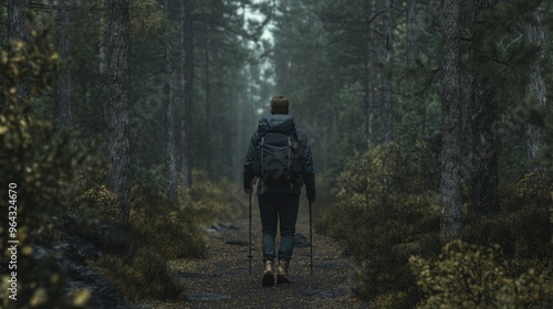 Hiker In Foggy Forest