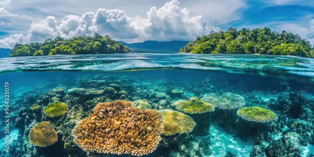 A stunning underwater scene showcasing vibrant coral reefs and clear turquoise waters beneath a beautiful sky. A stunning underwater scene showcasing vibrant coral reefs and clear turquoise waters beneath a beautiful sky.