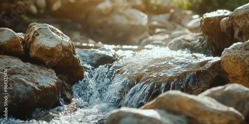 A tranquil stream flows over smooth stones, creating a peaceful natural scene filled with the sound of rushing water.