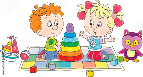 Happy little boy and girl playing with a colorful stacking rings among funny toys on a carpet in a playroom, vector cartoon illustration on a white background