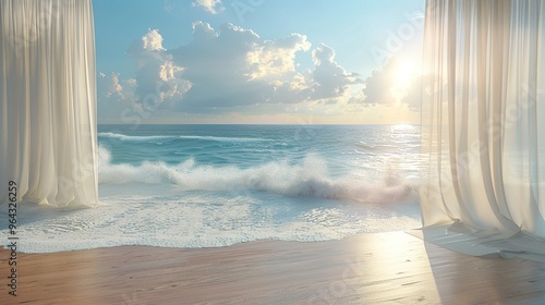 Ocean View Through Sheer Curtains on Wooden Floor