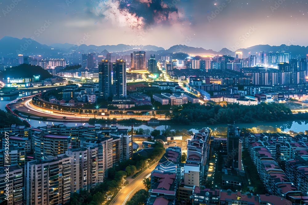 Stunning nighttime cityscape with vibrant lights and a starry sky. Stunning nighttime cityscape with vibrant lights and a starry sky.