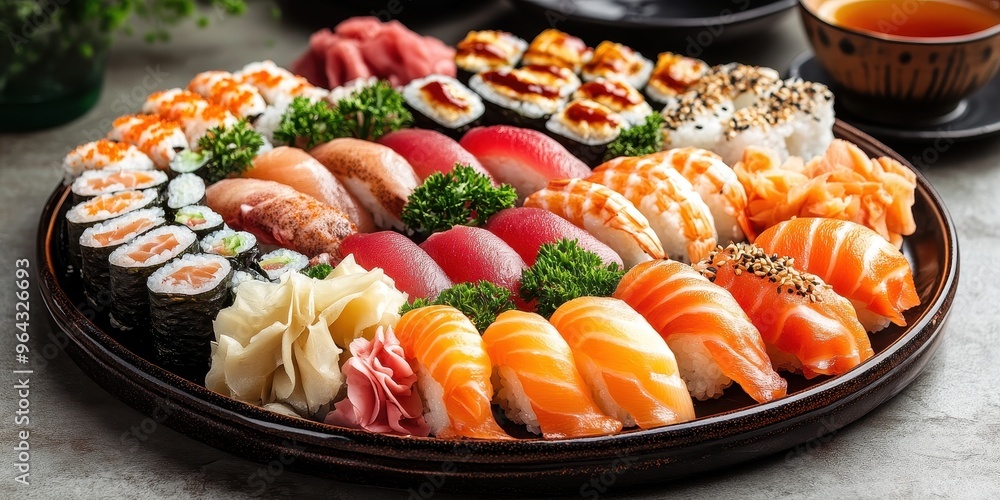 A vibrant platter of assorted sushi, featuring fresh fish, colorful rolls, and garnishes, perfect for any culinary event. A vibrant platter of assorted sushi, featuring fresh fish, colorful rolls, and garnishes, perfect for any culinary event.
