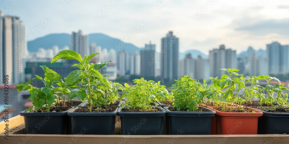 A vibrant urban garden on a balcony, featuring various herbs growing in pots with a city skyline backdrop. A vibrant urban garden on a balcony, featuring various herbs growing in pots with a city skyline backdrop.