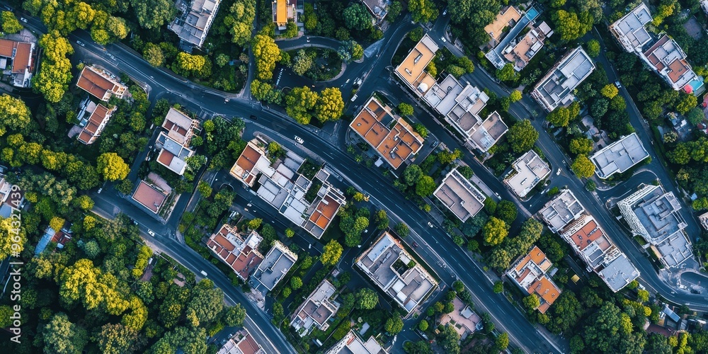 Aerial view of urban landscape featuring winding roads and lush greenery surrounding residential buildings. Aerial view of urban landscape featuring winding roads and lush greenery surrounding residential buildings.