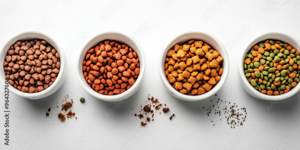 An array of colorful pet food in bowls, featuring varied textures and colors for appealing presentation. Ideal for pet-related content. An array of colorful pet food in bowls, featuring varied textures and colors for appealing presentation. Ideal for pet-related content.