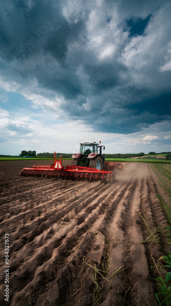 Fototapeta premium Red tractor in agricultural field with dark clouds, emphasizing field scale Vertical Mobile Wallpaper