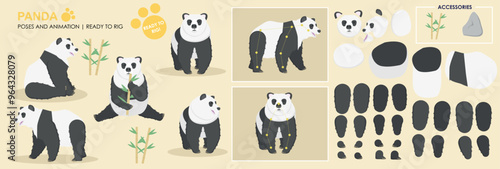 Cute panda bear ready for animation rigging , multiple poses, collection multiple angles including accessories, cartoon teddy bear character vector pack.
