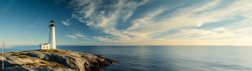 Majestic Lighthouse on Rocky Cliffs by the Ocean Under Vast Skies - Panoramic View Majestic Lighthouse on Rocky Cliffs by the Ocean Under Vast Skies - Panoramic View