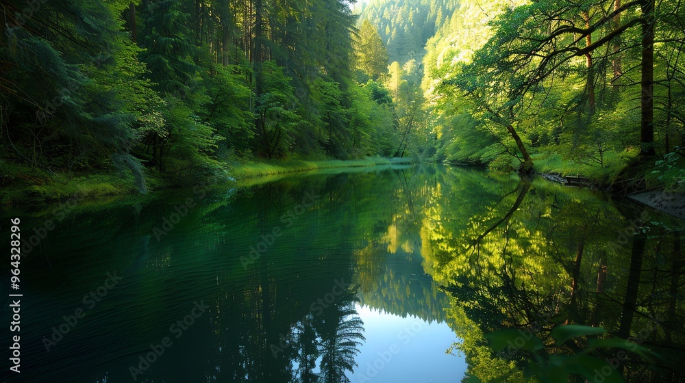 A still river in a forest with trees reflected in the water. A still river in a forest with trees reflected in the water.