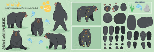 Cute black bear ready for animation rigging , multiple poses, collection multiple angles including accessories, cartoon teddy bear character vector pack.