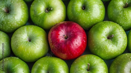 One red apple is surrounded by green apples.