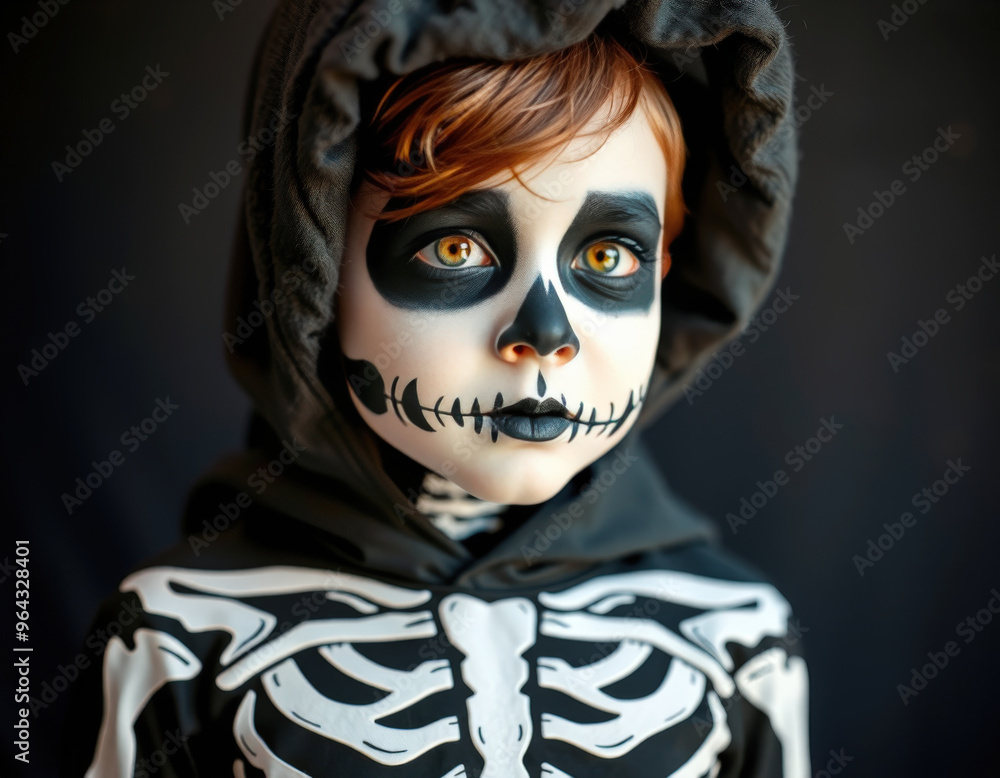 Le visage de cet enfant est couvert de maquillage noir et blanc, reproduisant un squelette terrifiant. Son regard intense et la précision du maquillage donnent une allure effrayante. Le visage de cet enfant est couvert de maquillage noir et blanc, reproduisant un squelette terrifiant. Son regard intense et la précision du maquillage donnent une allure effrayante.