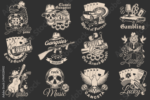 Set of gangster design. Vintage print, logo, badge design with retro car, poker playing card, casino chips, slot machines, two dice, knuckle, gun and guitar. Vector illustration.