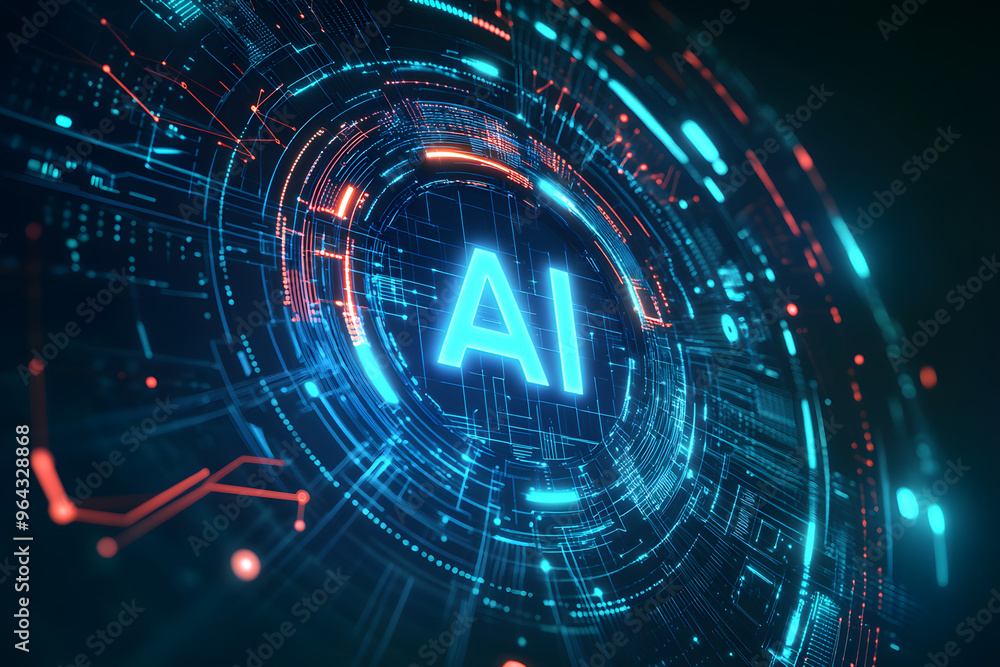 Fototapeta premium Futuristic glowing AI text in sleek digital frame surrounded by data patterns, abstract shapes, and neon highlights