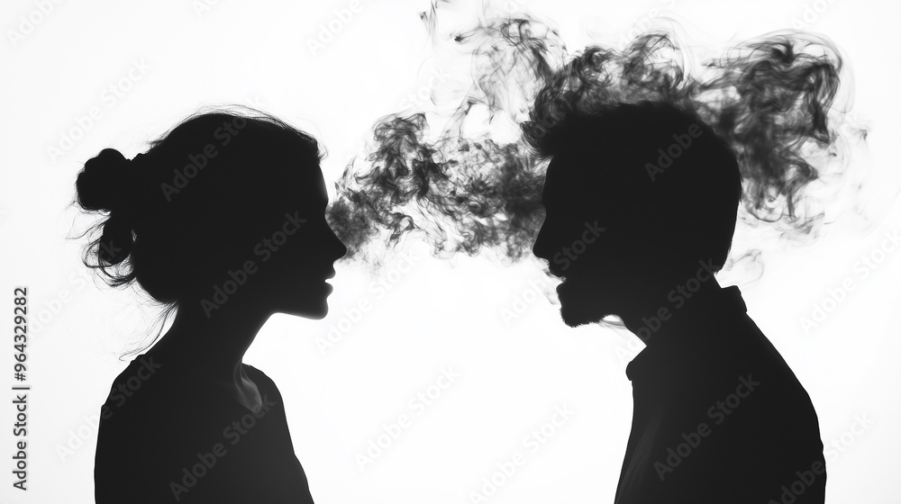 Ephemeral Dialogue: Two Silhouetted Figures Talking, One Disappearing into Smoke Ephemeral Dialogue: Two Silhouetted Figures Talking, One Disappearing into Smoke