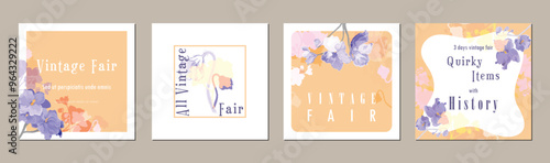 Set of four cute and colorful floral vector illustrations for Mothers Day, Easter, traditional festivals, fairs, etc. Square-shaped posters with hand-drawn African violets.