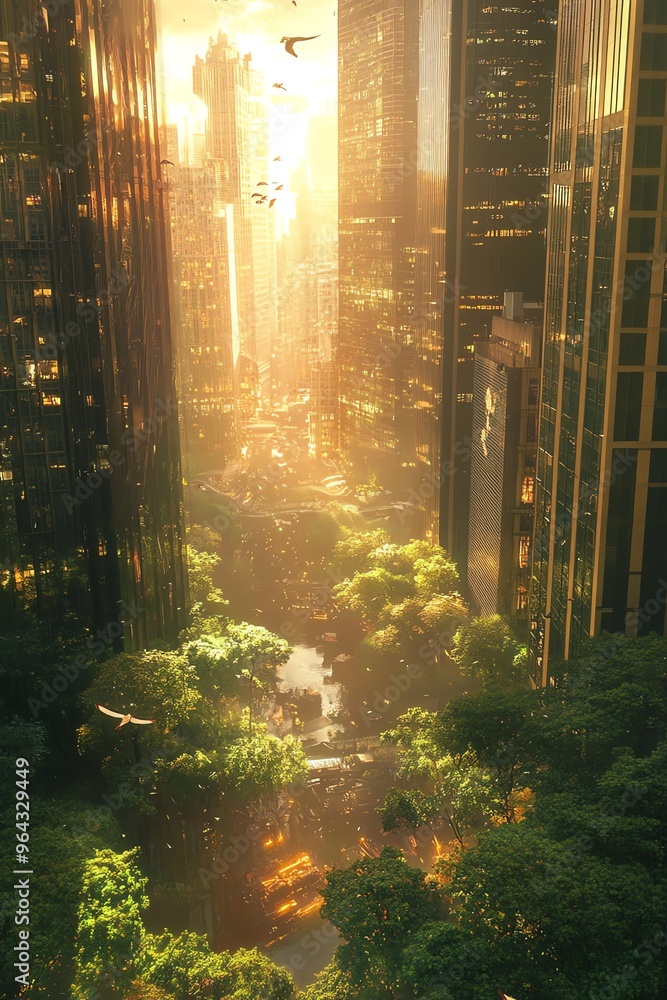 Naklejka premium A captivating scene where magical creatures interact with modern city life