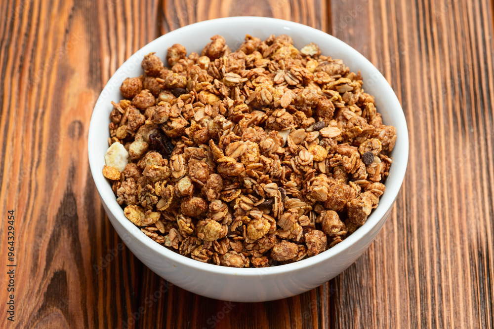 Homemade grain granola . Healthy energy eating . Top view Homemade grain granola . Healthy energy eating . Top view