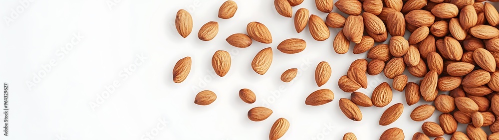 Fototapeta premium Crunchy Roasted Almonds Scattered Flat Lay on White Background - 3D Rendering of Nutritious Snack, Top View Isolated Composition