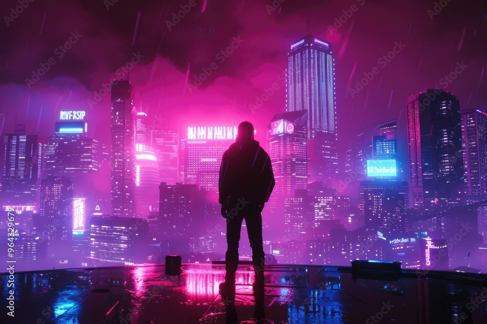 Figure Gazing at Neon Infused Cityscape in Red Hues Figure Gazing at Neon Infused Cityscape in Red Hues